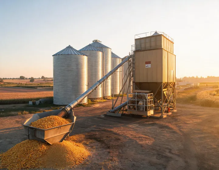 Grain dryer beside farm silos